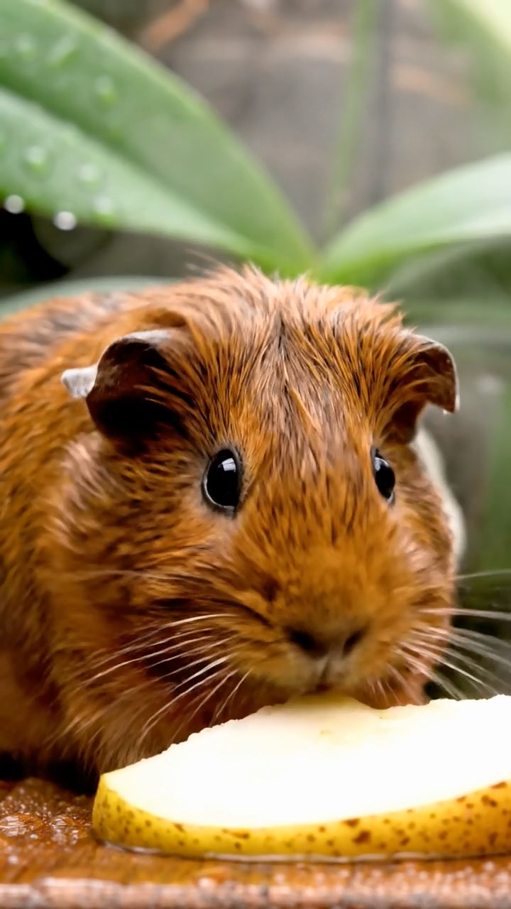 1632. Highly detailed view of 1 smooth-haired Abyssinian guinea pig with brown fur, munching on pear slices, in a steamy orchid house conservatory with mist.