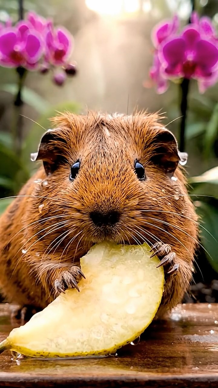 1632. Highly detailed view of 1 smooth-haired Abyssinian guinea pig with brown fur, munching on pear slices, in a steamy orchid house conservatory with mist.