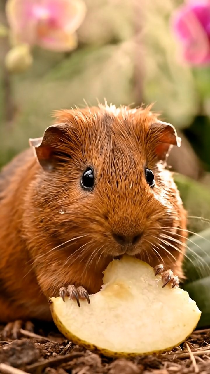 1632. Highly detailed view of 1 smooth-haired Abyssinian guinea pig with brown fur, munching on pear slices, in a steamy orchid house conservatory with mist.