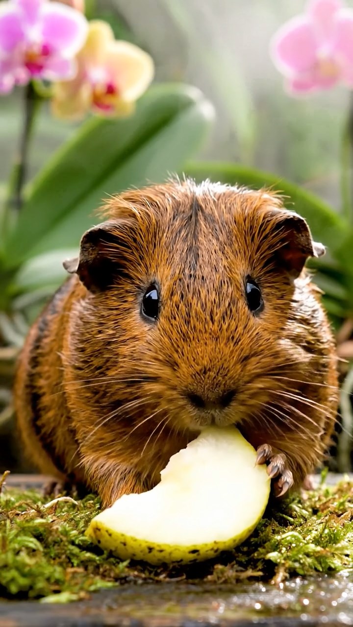 1632. Highly detailed view of 1 smooth-haired Abyssinian guinea pig with brown fur, munching on pear slices, in a steamy orchid house conservatory with mist.