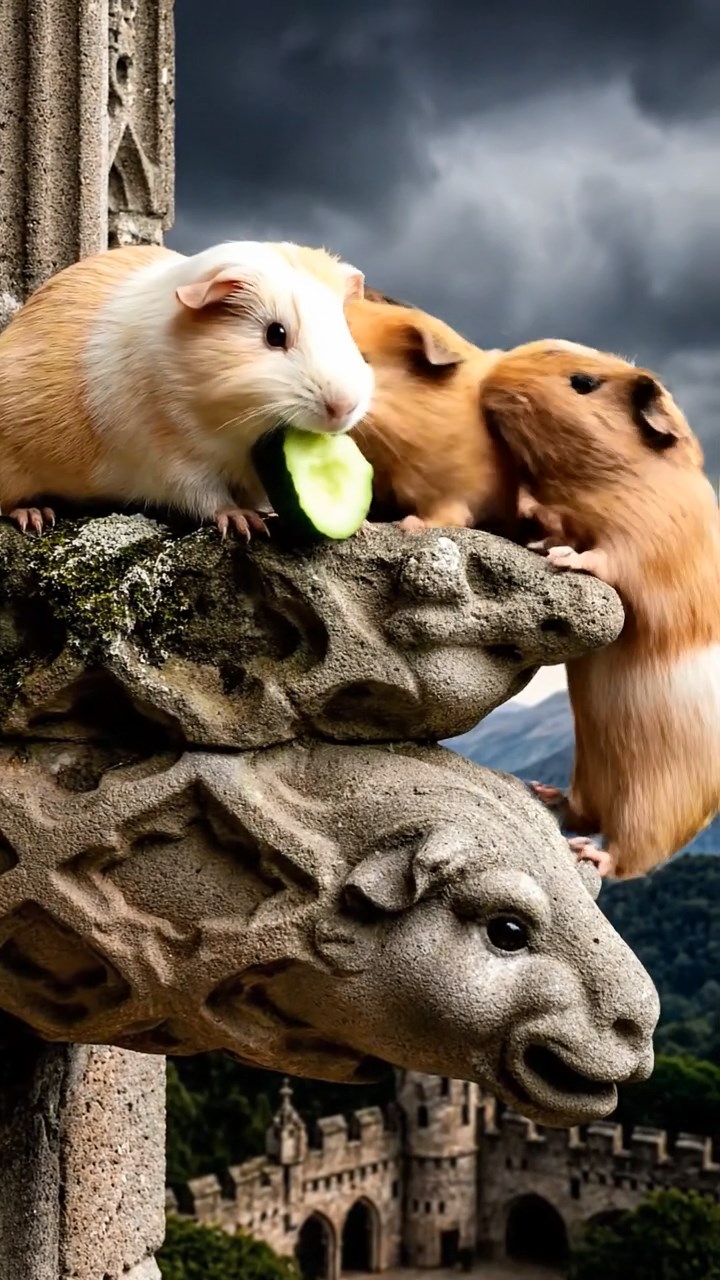 1633. Photorealistic image of 4 smooth-haired Peruvian guinea pigs featuring cream, fawn, and chocolate coats, sharing cucumber peels, atop a gothic castle gargoyle perch.