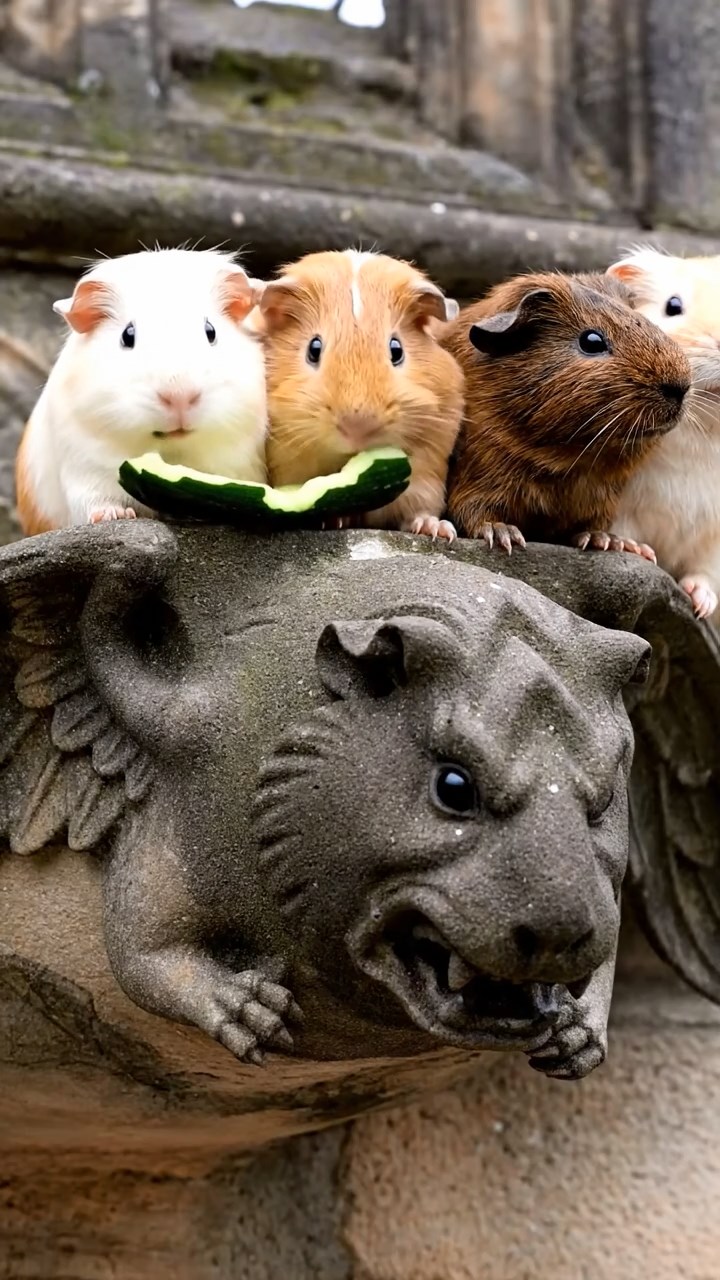 1633. Photorealistic image of 4 smooth-haired Peruvian guinea pigs featuring cream, fawn, and chocolate coats, sharing cucumber peels, atop a gothic castle gargoyle perch.