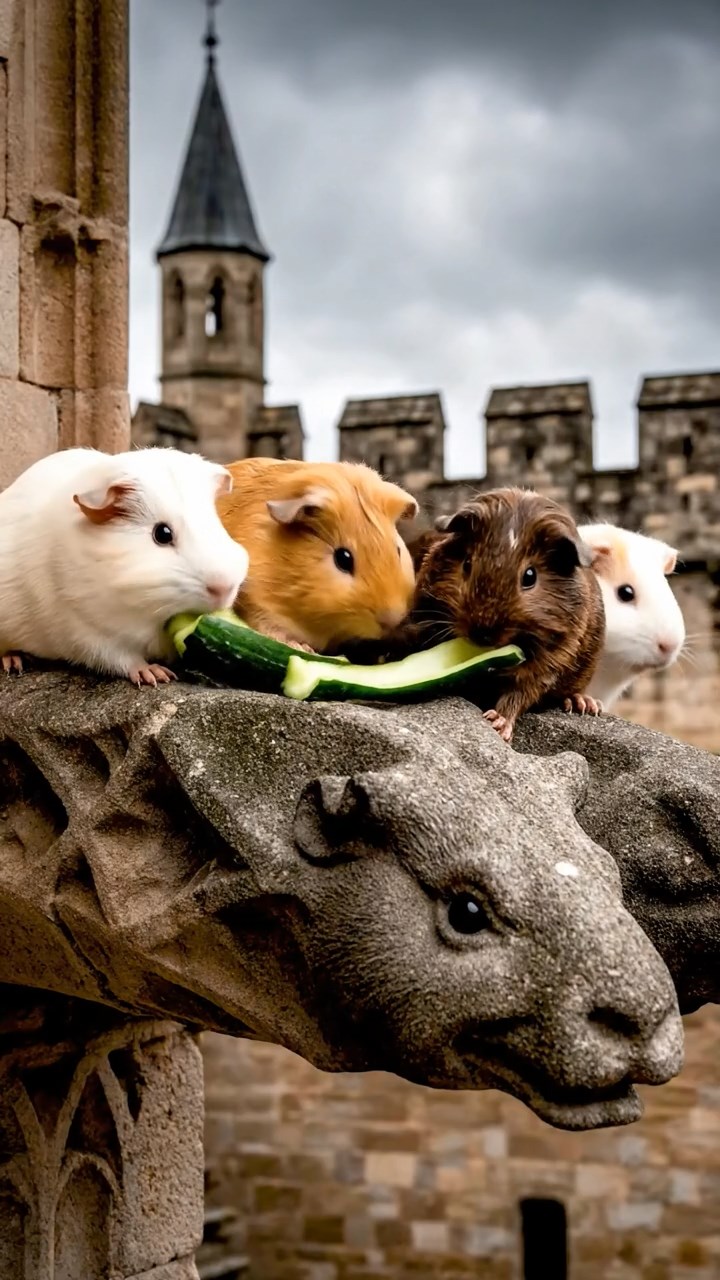 1633. Photorealistic image of 4 smooth-haired Peruvian guinea pigs featuring cream, fawn, and chocolate coats, sharing cucumber peels, atop a gothic castle gargoyle perch.