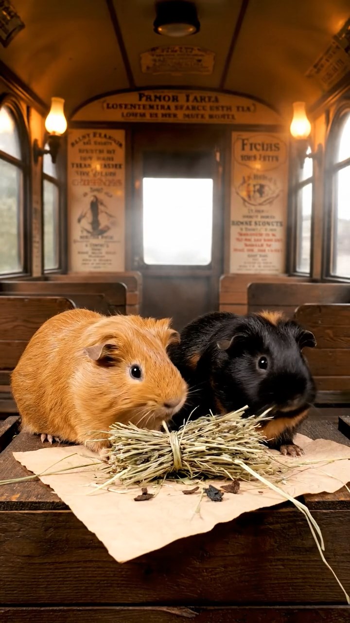 1634. Realistic depiction of 2 smooth-haired Silkie guinea pigs with cinnamon and sable fur, eating timothy hay bundles, inside a rumbling metro train car with ads.