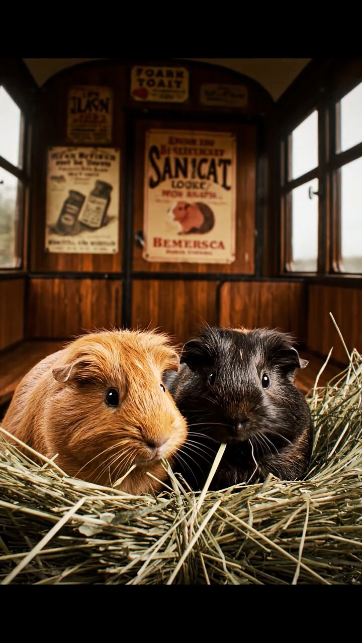 1634. Realistic depiction of 2 smooth-haired Silkie guinea pigs with cinnamon and sable fur, eating timothy hay bundles, inside a rumbling metro train car with ads.
