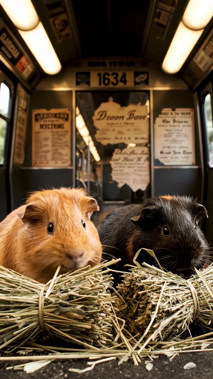 1634. Realistic depiction of 2 smooth-haired Silkie guinea pigs with cinnamon and sable fur, eating timothy hay bundles, inside a rumbling metro train car with ads.