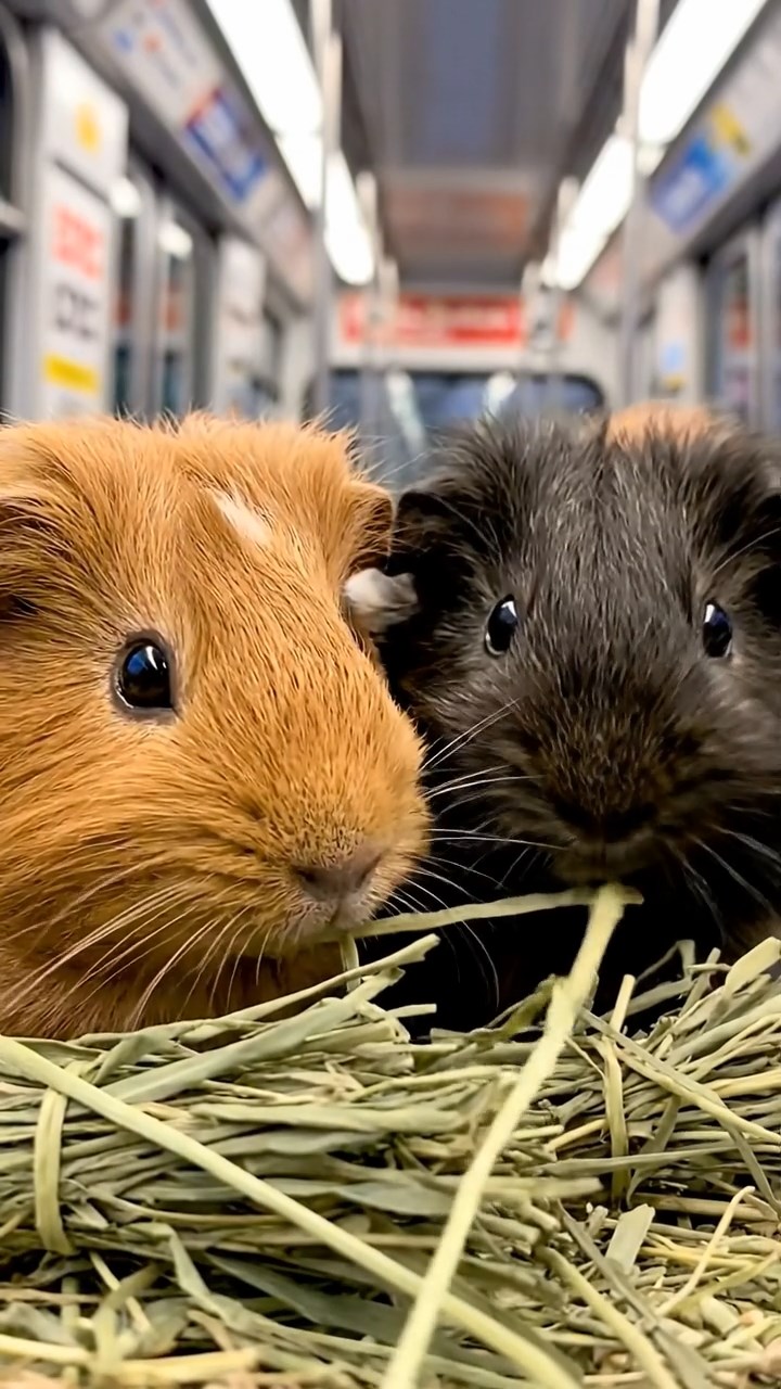 1634. Realistic depiction of 2 smooth-haired Silkie guinea pigs with cinnamon and sable fur, eating timothy hay bundles, inside a rumbling metro train car with ads.