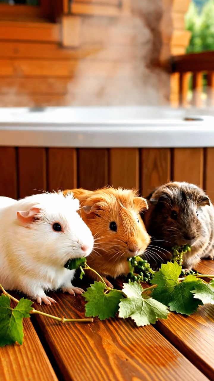 1635. Detailed scene of 3 smooth-haired Teddy guinea pigs with white, orange, and gray fur, nibbling on grape vines, on a luxury chalet deck with hot tub steam.