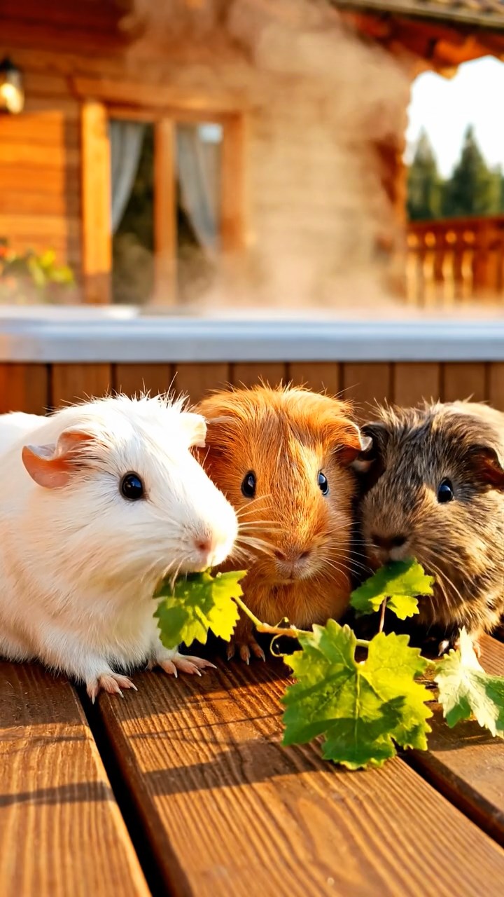1635. Detailed scene of 3 smooth-haired Teddy guinea pigs with white, orange, and gray fur, nibbling on grape vines, on a luxury chalet deck with hot tub steam.