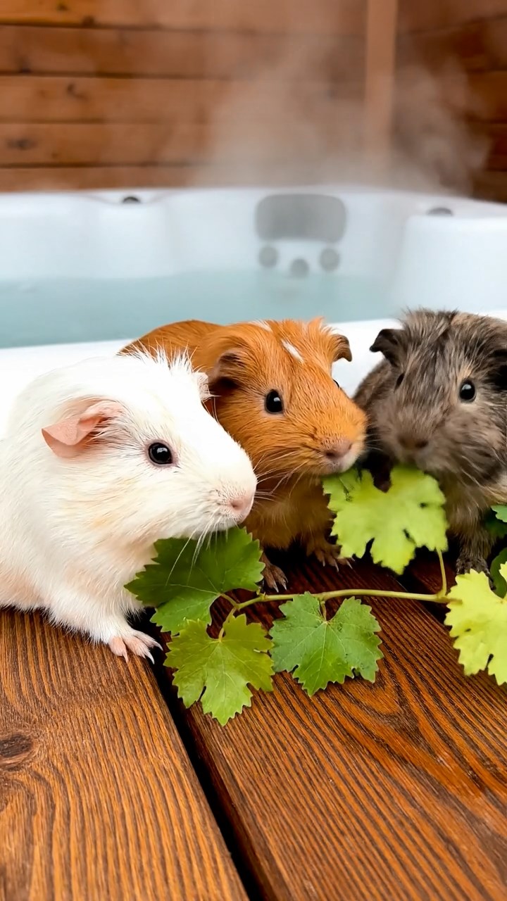 1635. Detailed scene of 3 smooth-haired Teddy guinea pigs with white, orange, and gray fur, nibbling on grape vines, on a luxury chalet deck with hot tub steam.