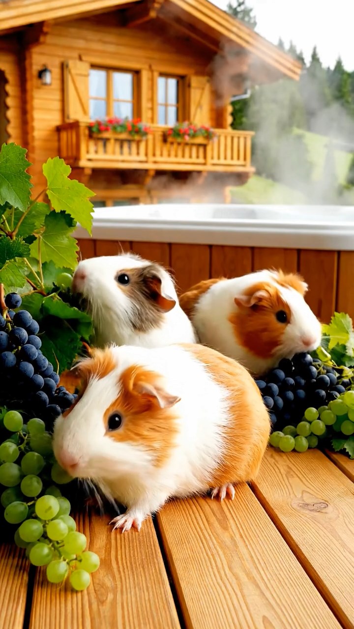 1635. Detailed scene of 3 smooth-haired Teddy guinea pigs with white, orange, and gray fur, nibbling on grape vines, on a luxury chalet deck with hot tub steam.