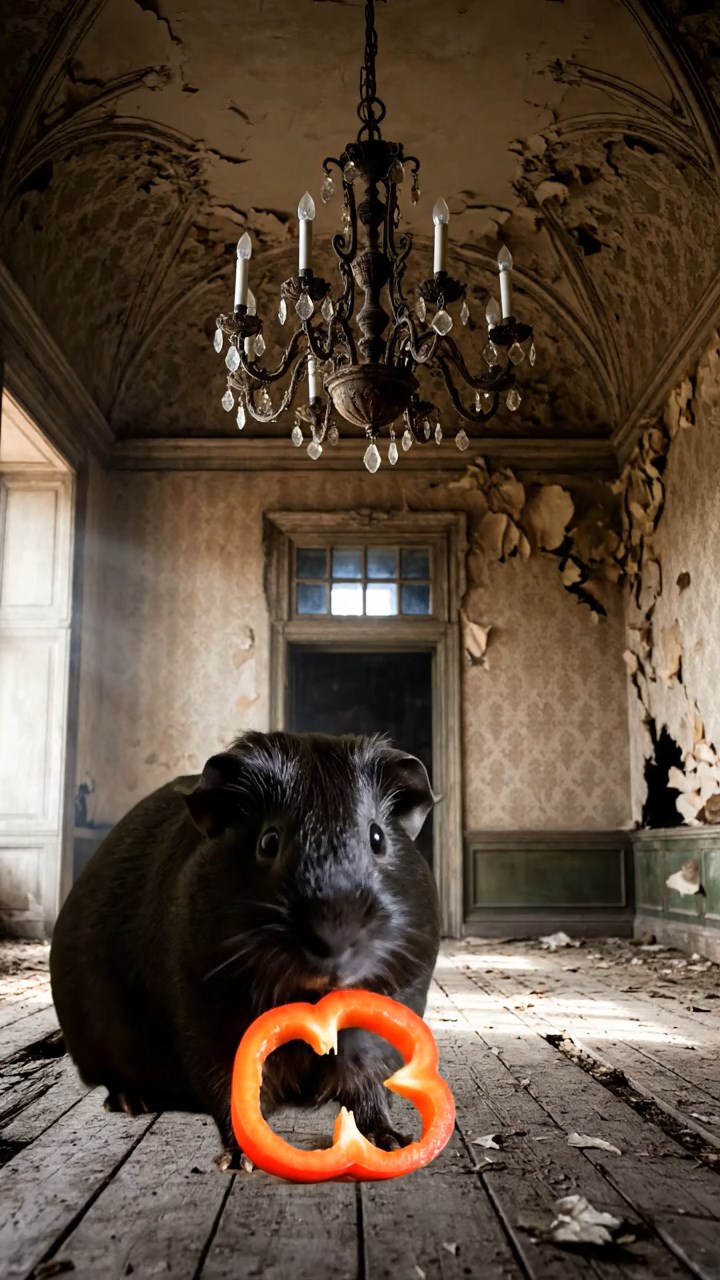 1636. Photorealistic photo of 1 smooth-haired Texel guinea pig with black fur, chewing on bell pepper rings, in a creepy abandoned manor foyer with chandeliers.