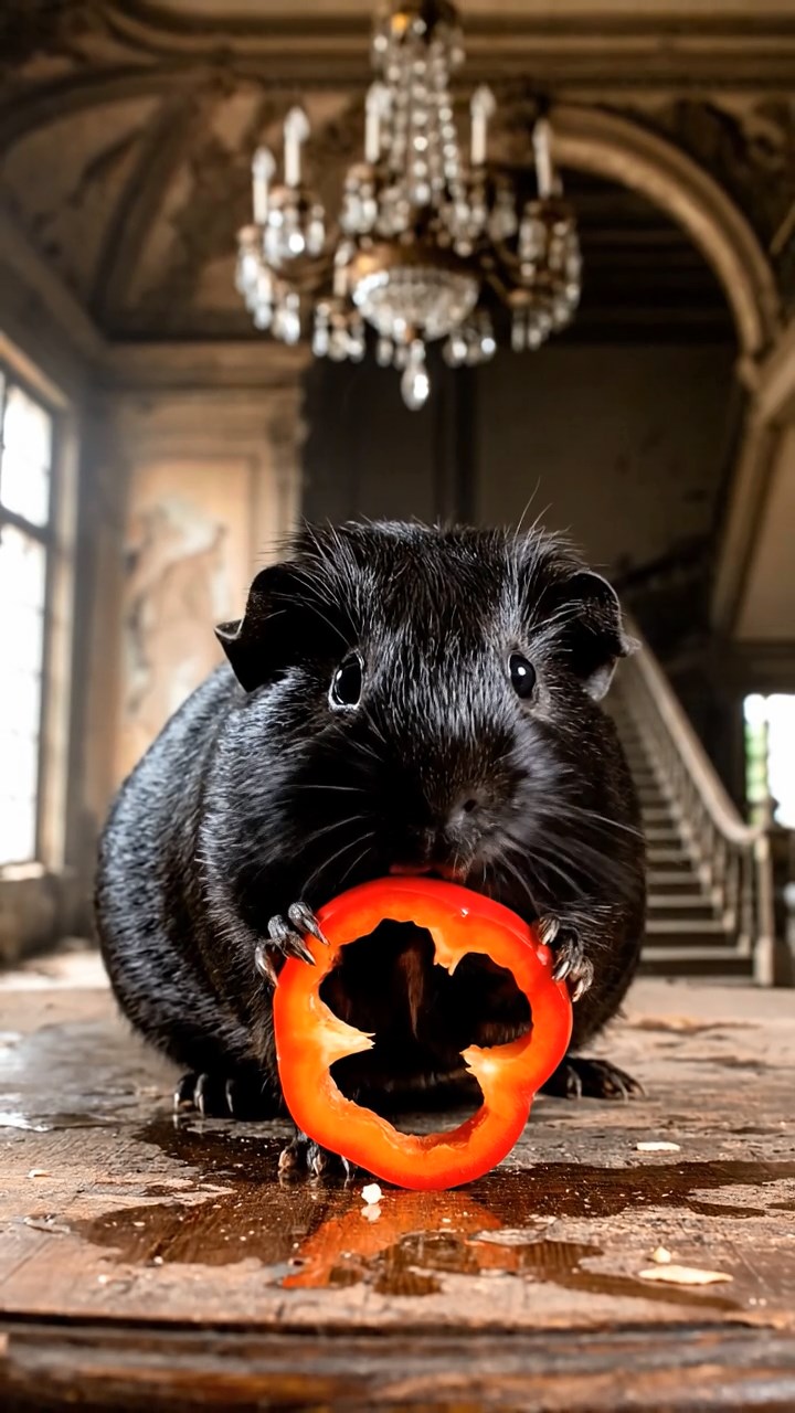 1636. Photorealistic photo of 1 smooth-haired Texel guinea pig with black fur, chewing on bell pepper rings, in a creepy abandoned manor foyer with chandeliers.
