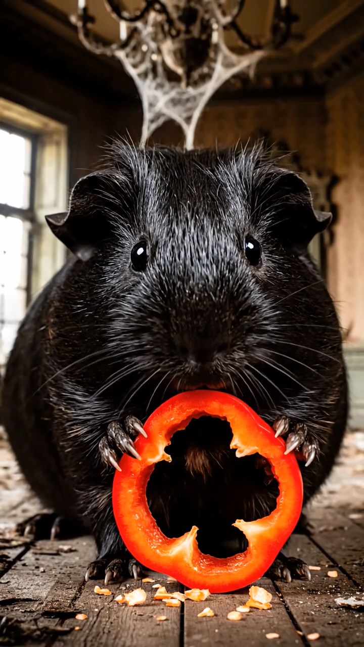 1636. Photorealistic photo of 1 smooth-haired Texel guinea pig with black fur, chewing on bell pepper rings, in a creepy abandoned manor foyer with chandeliers.