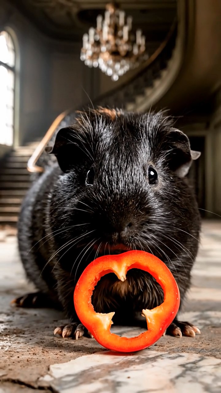 1636. Photorealistic photo of 1 smooth-haired Texel guinea pig with black fur, chewing on bell pepper rings, in a creepy abandoned manor foyer with chandeliers.