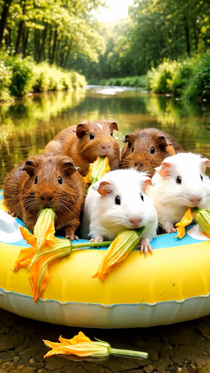 1637. Realistic image of 5 smooth-haired Rex guinea pigs in brown, cream, and fawn colors, munching on zucchini flowers, on a lazy river inner tube float.