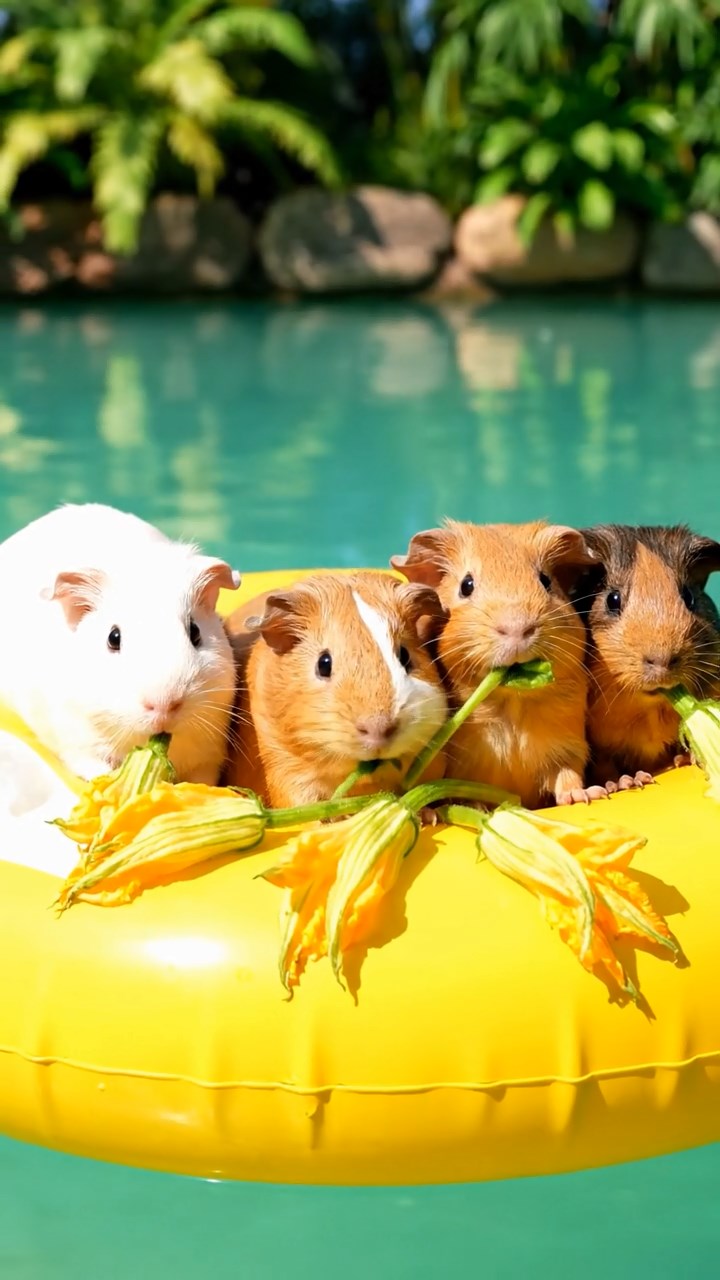 1637. Realistic image of 5 smooth-haired Rex guinea pigs in brown, cream, and fawn colors, munching on zucchini flowers, on a lazy river inner tube float.