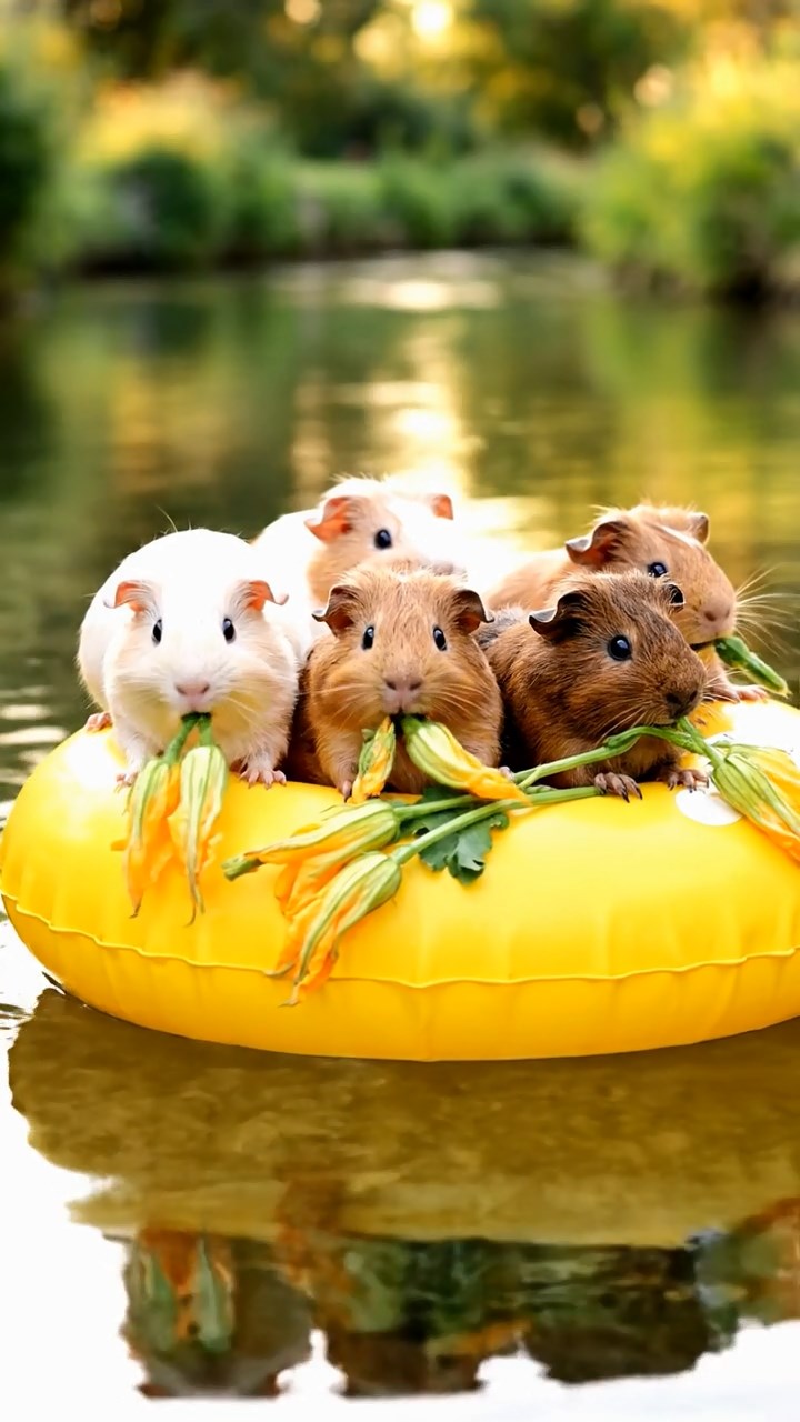 1637. Realistic image of 5 smooth-haired Rex guinea pigs in brown, cream, and fawn colors, munching on zucchini flowers, on a lazy river inner tube float.