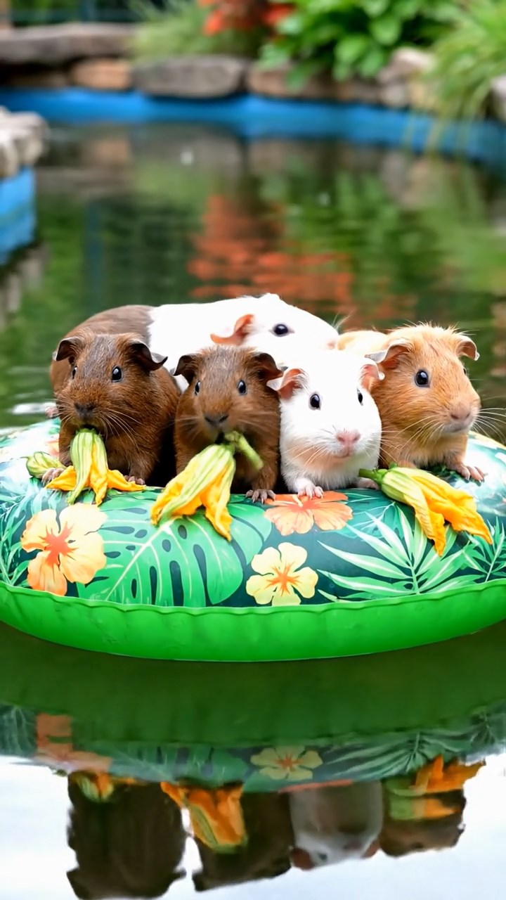 1637. Realistic image of 5 smooth-haired Rex guinea pigs in brown, cream, and fawn colors, munching on zucchini flowers, on a lazy river inner tube float.
