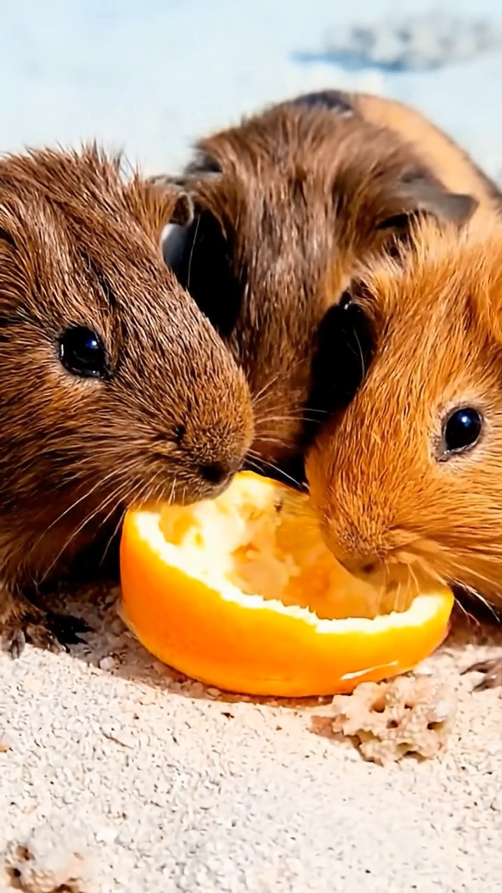 1638. Highly detailed view of 4 smooth-haired Coronet guinea pigs with chocolate, cinnamon, and sable fur, sharing orange peels, in a pristine lagoon atoll with clear waters.