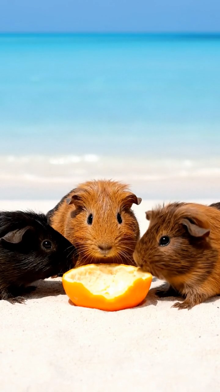 1638. Highly detailed view of 4 smooth-haired Coronet guinea pigs with chocolate, cinnamon, and sable fur, sharing orange peels, in a pristine lagoon atoll with clear waters.