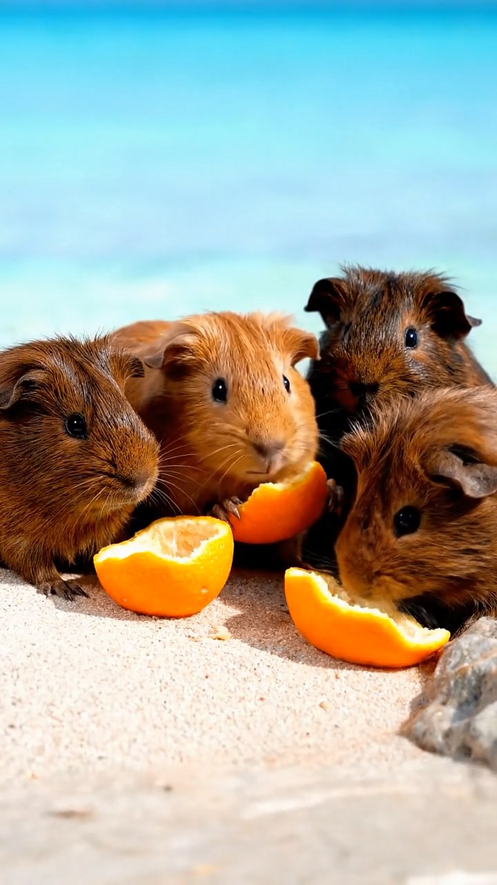 1638. Highly detailed view of 4 smooth-haired Coronet guinea pigs with chocolate, cinnamon, and sable fur, sharing orange peels, in a pristine lagoon atoll with clear waters.