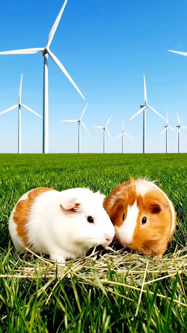 1639. Photorealistic scene of 2 smooth-haired White Crested guinea pigs featuring white and orange coats, eating alfalfa hay, in a renewable turbine field with humming blades.