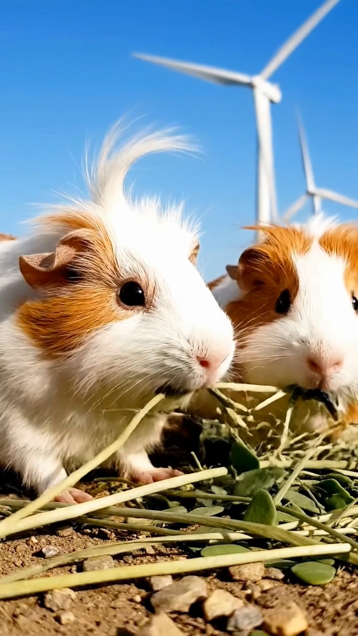1639. Photorealistic scene of 2 smooth-haired White Crested guinea pigs featuring white and orange coats, eating alfalfa hay, in a renewable turbine field with humming blades.