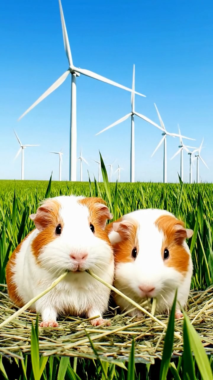 1639. Photorealistic scene of 2 smooth-haired White Crested guinea pigs featuring white and orange coats, eating alfalfa hay, in a renewable turbine field with humming blades.
