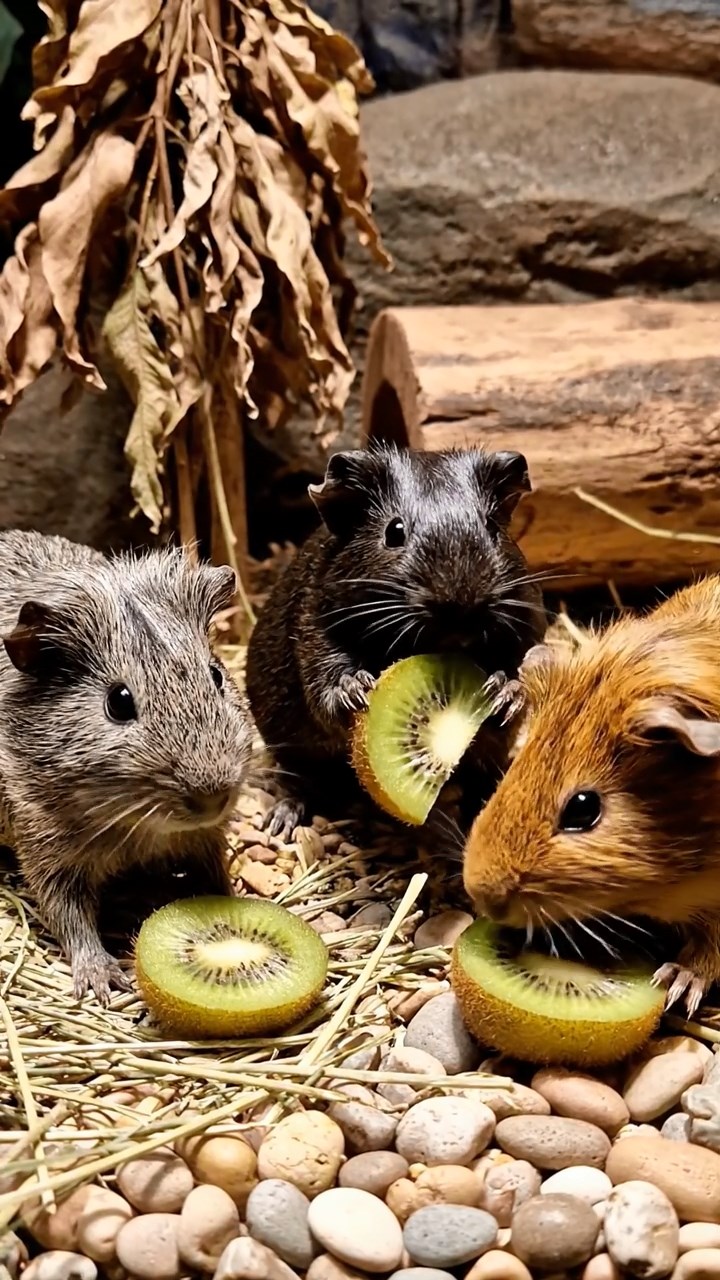 1640. Realistic depiction of 3 smooth-haired Skinny guinea pigs with gray, black, and brown fur, nibbling on kiwi skins, inside a natural science exhibit with replicas.