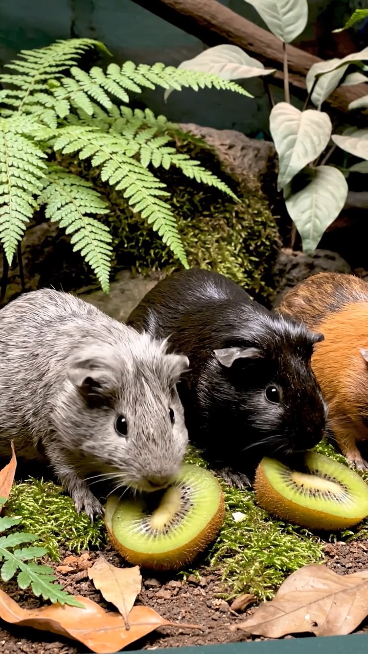 1640. Realistic depiction of 3 smooth-haired Skinny guinea pigs with gray, black, and brown fur, nibbling on kiwi skins, inside a natural science exhibit with replicas.