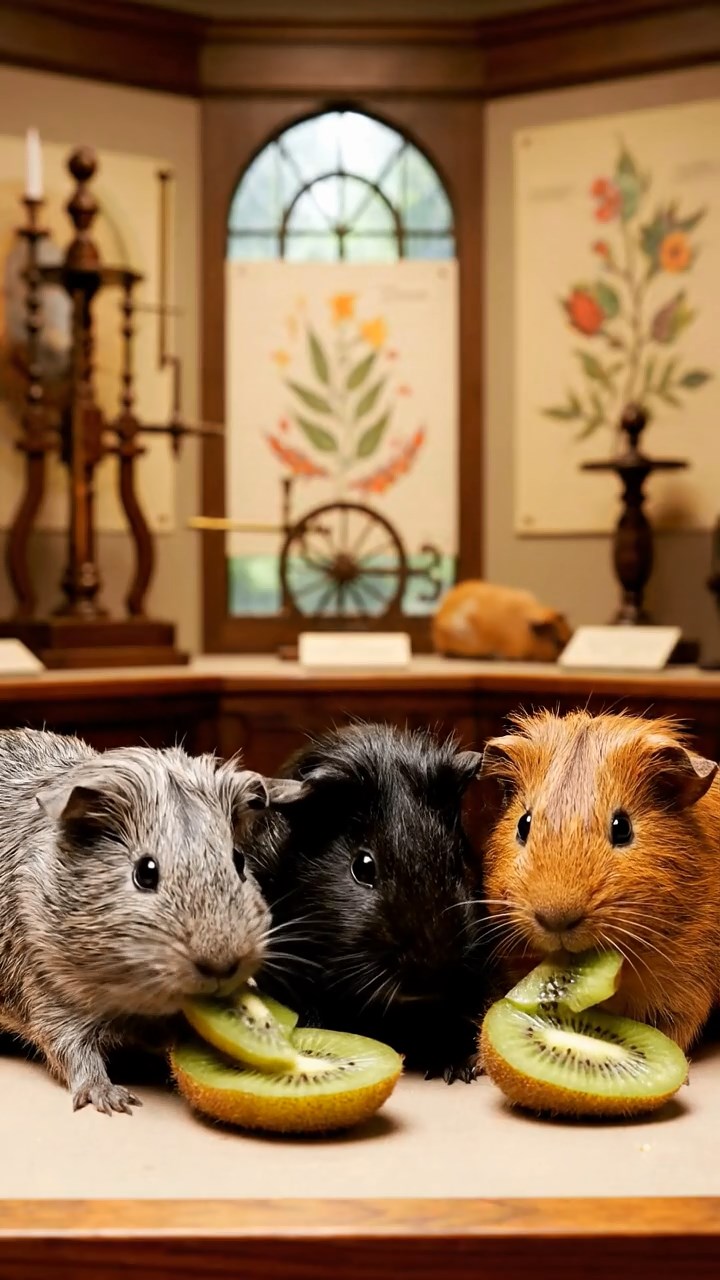 1640. Realistic depiction of 3 smooth-haired Skinny guinea pigs with gray, black, and brown fur, nibbling on kiwi skins, inside a natural science exhibit with replicas.