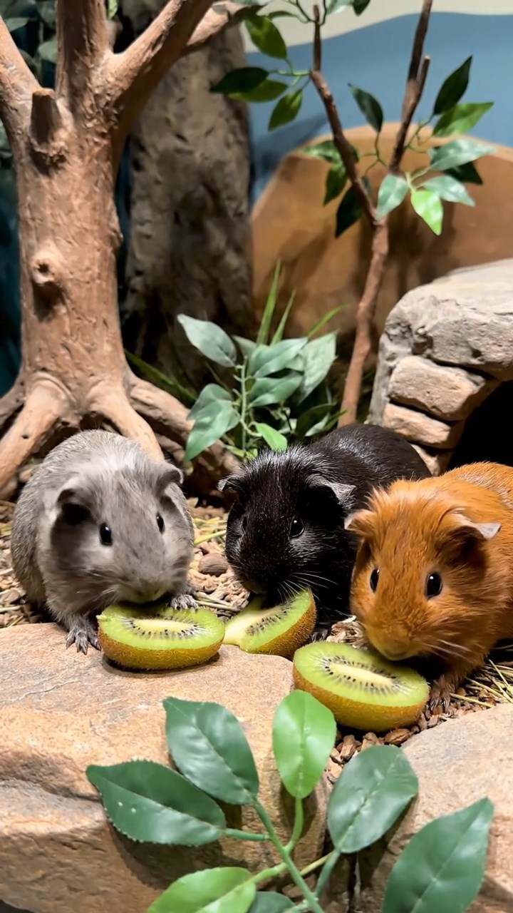 1640. Realistic depiction of 3 smooth-haired Skinny guinea pigs with gray, black, and brown fur, nibbling on kiwi skins, inside a natural science exhibit with replicas.