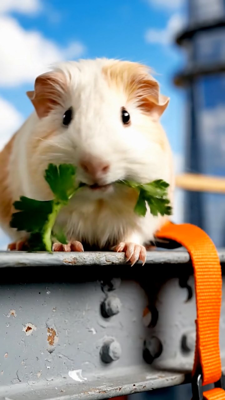 1641. Detailed photo of 1 smooth-haired American guinea pig with cream fur, chewing on parsley stems, on a skyscraper construction girder with harnesses.