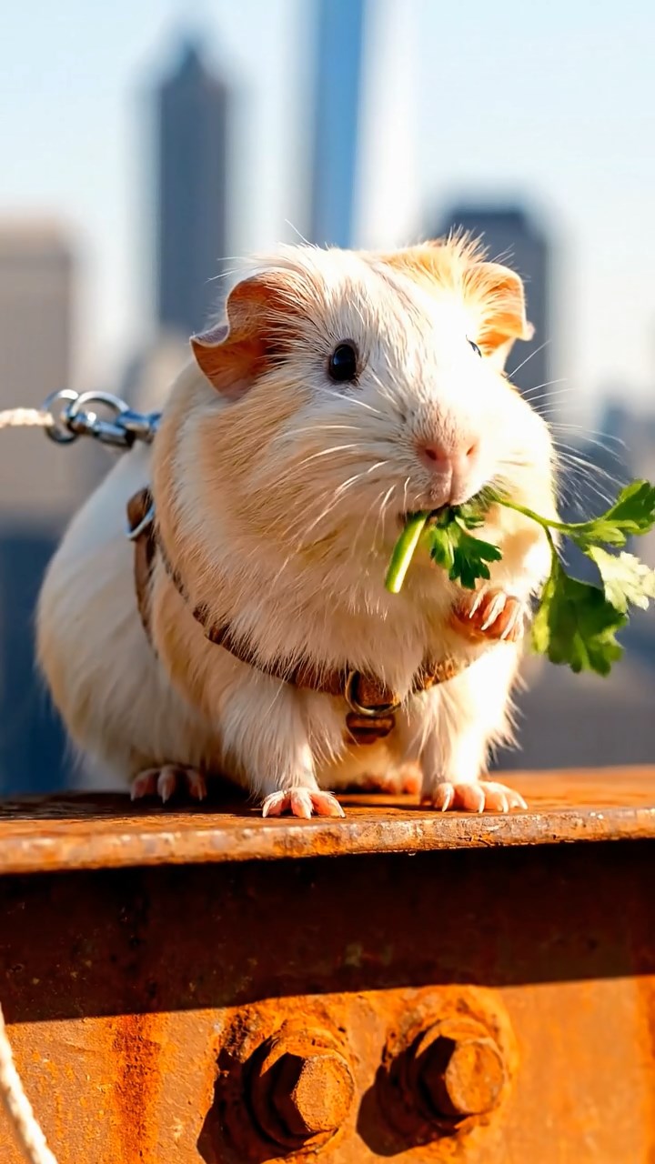 1641. Detailed photo of 1 smooth-haired American guinea pig with cream fur, chewing on parsley stems, on a skyscraper construction girder with harnesses.