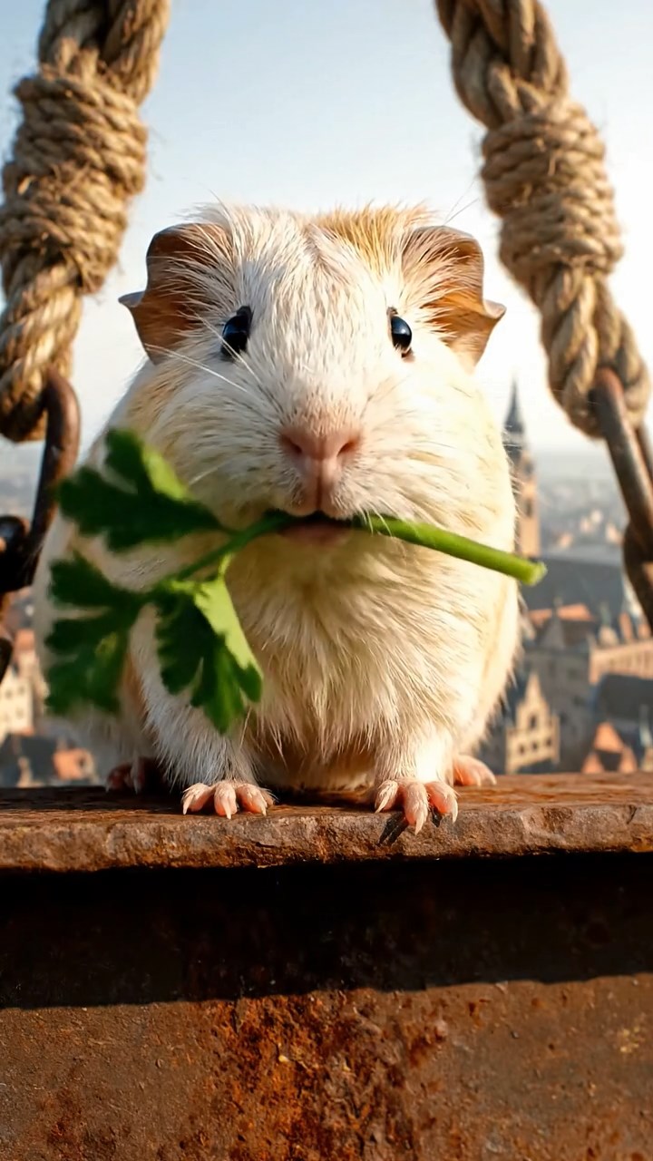 1641. Detailed photo of 1 smooth-haired American guinea pig with cream fur, chewing on parsley stems, on a skyscraper construction girder with harnesses.