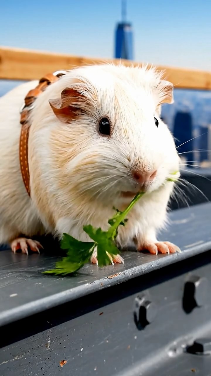 1641. Detailed photo of 1 smooth-haired American guinea pig with cream fur, chewing on parsley stems, on a skyscraper construction girder with harnesses.