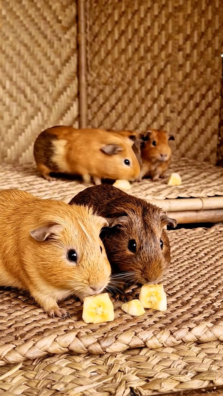 1642. Photorealistic image of 4 smooth-haired Abyssinian guinea pigs in fawn, chocolate, and cinnamon colors, sharing banana chunks, inside a woven island bungalow with mats.