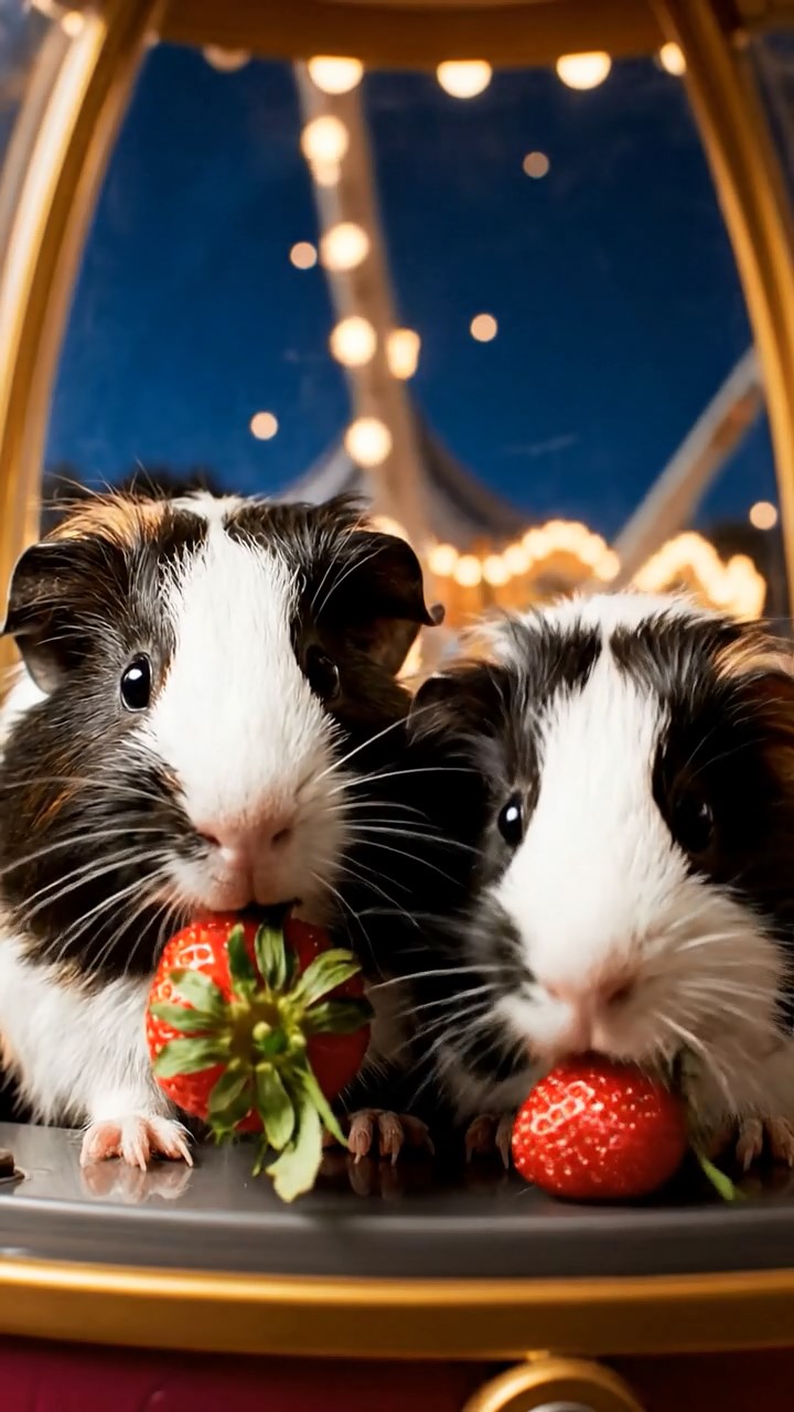 1643. Realistic scene of 2 smooth-haired Peruvian guinea pigs with sable and white fur, munching on strawberry tops, in a spinning amusement wheel pod at night.