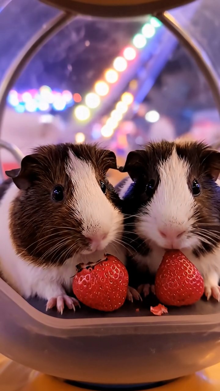 1643. Realistic scene of 2 smooth-haired Peruvian guinea pigs with sable and white fur, munching on strawberry tops, in a spinning amusement wheel pod at night.