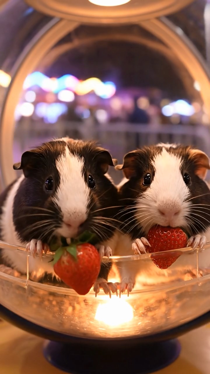 1643. Realistic scene of 2 smooth-haired Peruvian guinea pigs with sable and white fur, munching on strawberry tops, in a spinning amusement wheel pod at night.