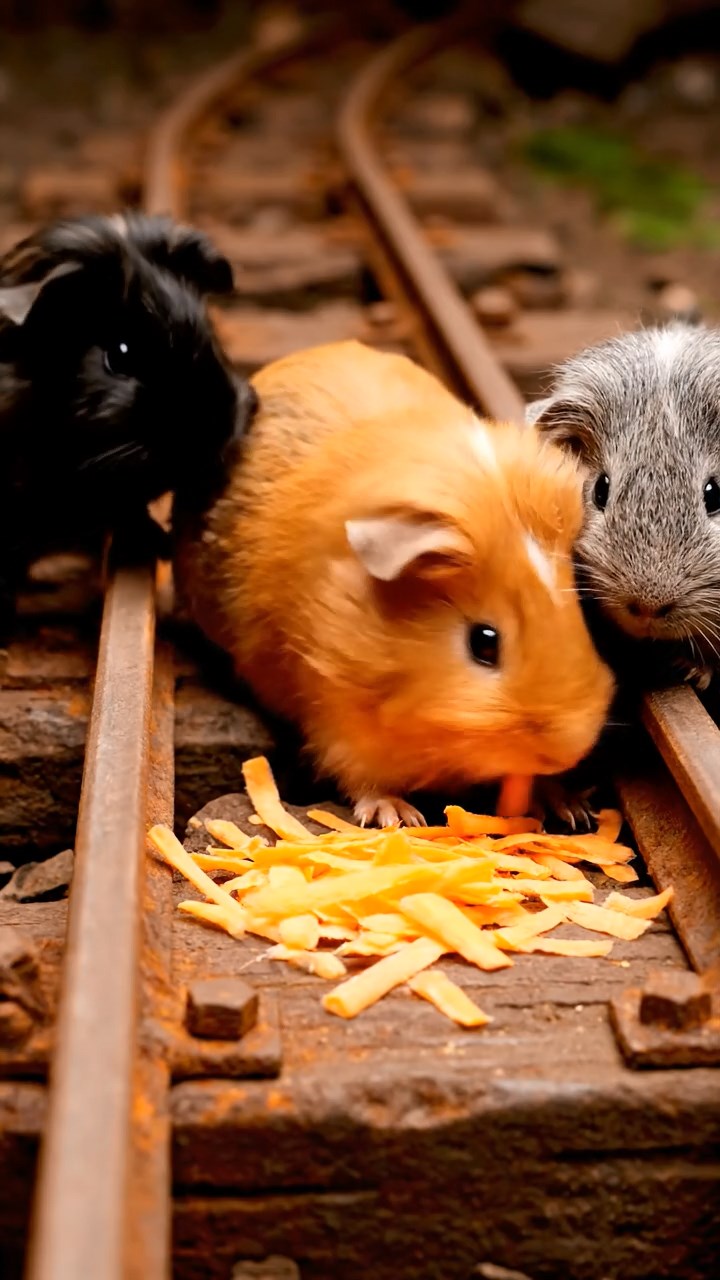 1644. Highly detailed view of 5 smooth-haired Silkie guinea pigs featuring orange, gray, and black coats, eating carrot shreds, down a rusty mine cart track.