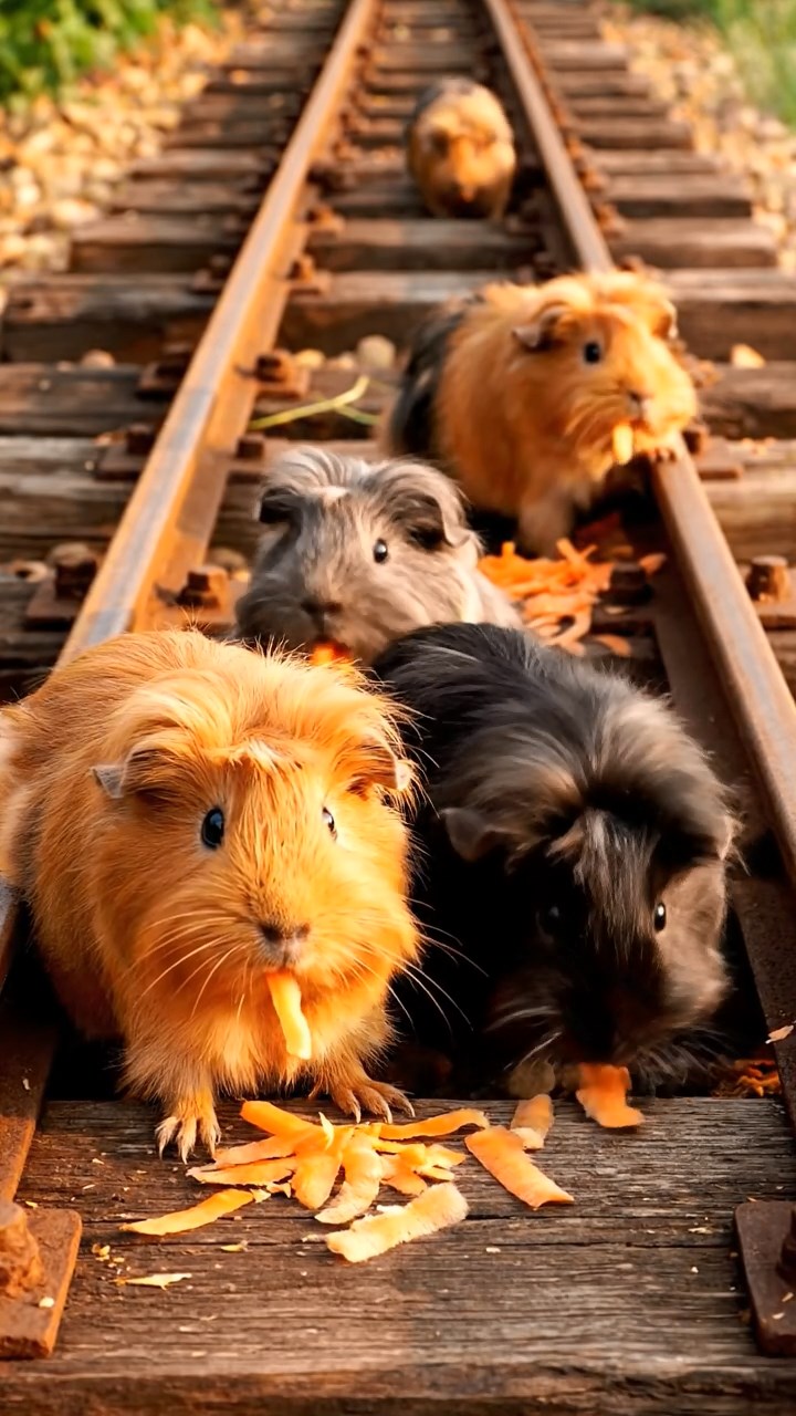 1644. Highly detailed view of 5 smooth-haired Silkie guinea pigs featuring orange, gray, and black coats, eating carrot shreds, down a rusty mine cart track.