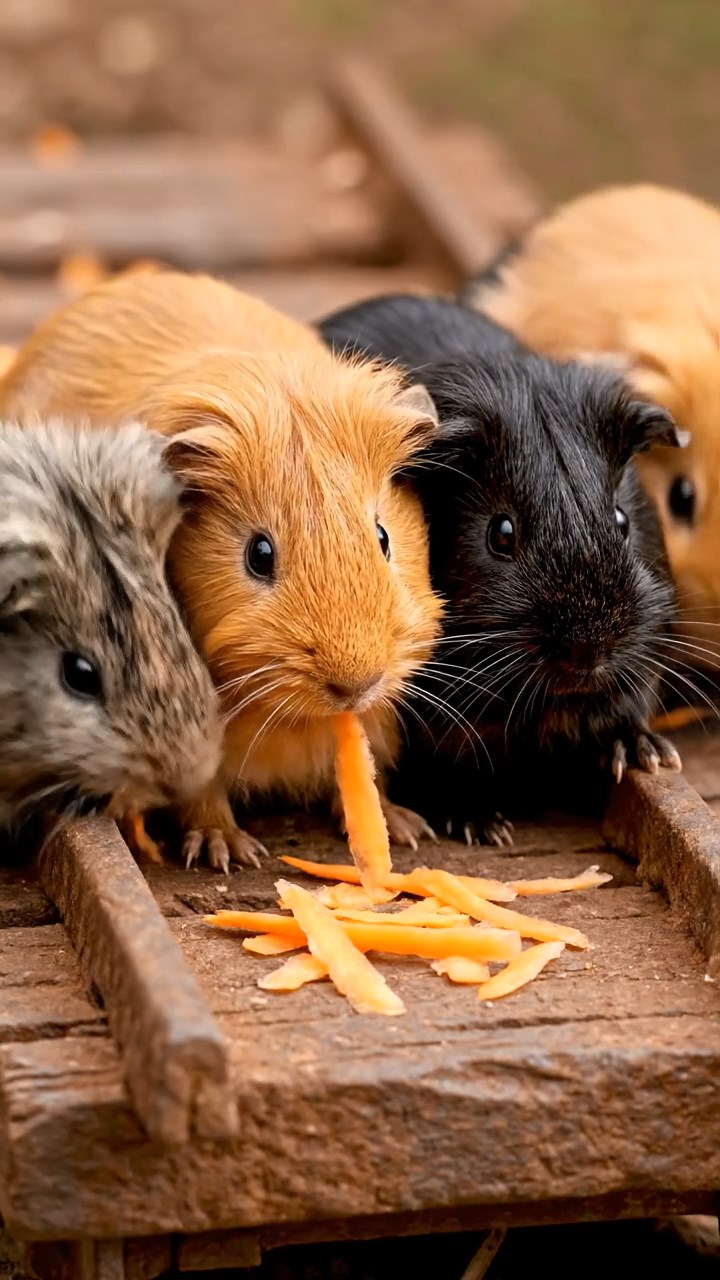 1644. Highly detailed view of 5 smooth-haired Silkie guinea pigs featuring orange, gray, and black coats, eating carrot shreds, down a rusty mine cart track.