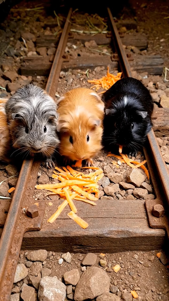 1644. Highly detailed view of 5 smooth-haired Silkie guinea pigs featuring orange, gray, and black coats, eating carrot shreds, down a rusty mine cart track.