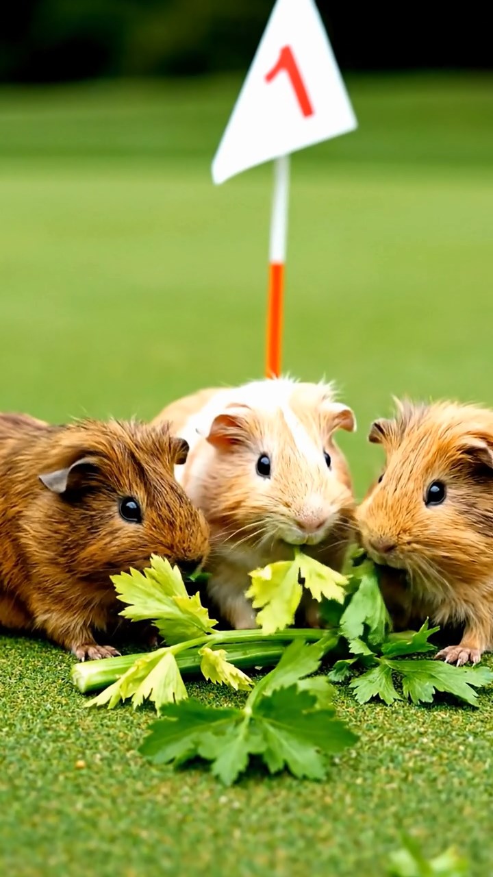 1645. Photorealistic photo of 3 smooth-haired Teddy guinea pigs with brown, cream, and fawn fur, nibbling on celery leaves, on a championship putting green with flags.