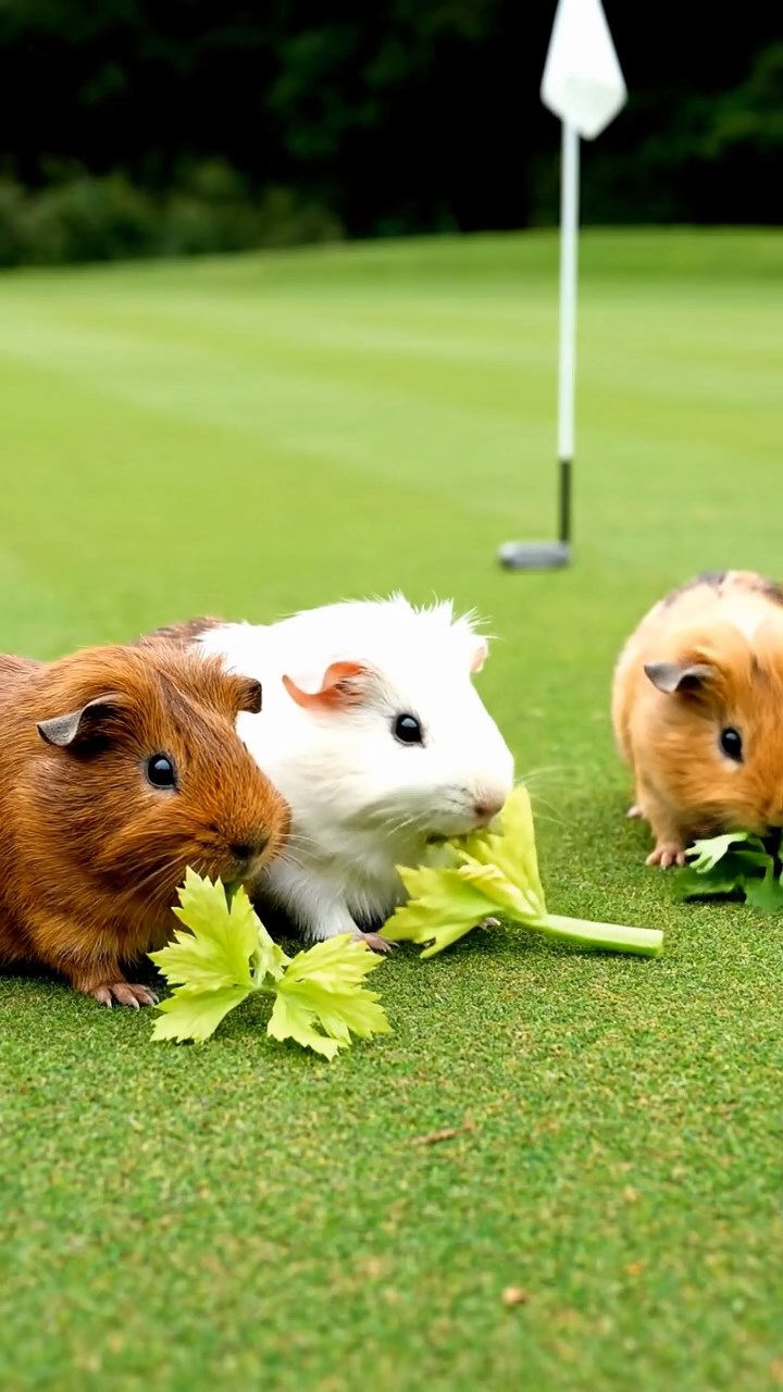 1645. Photorealistic photo of 3 smooth-haired Teddy guinea pigs with brown, cream, and fawn fur, nibbling on celery leaves, on a championship putting green with flags.