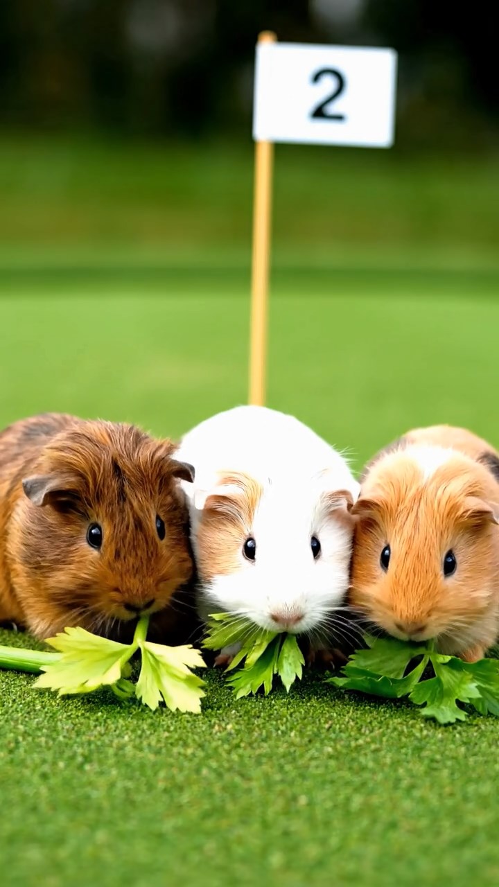 1645. Photorealistic photo of 3 smooth-haired Teddy guinea pigs with brown, cream, and fawn fur, nibbling on celery leaves, on a championship putting green with flags.