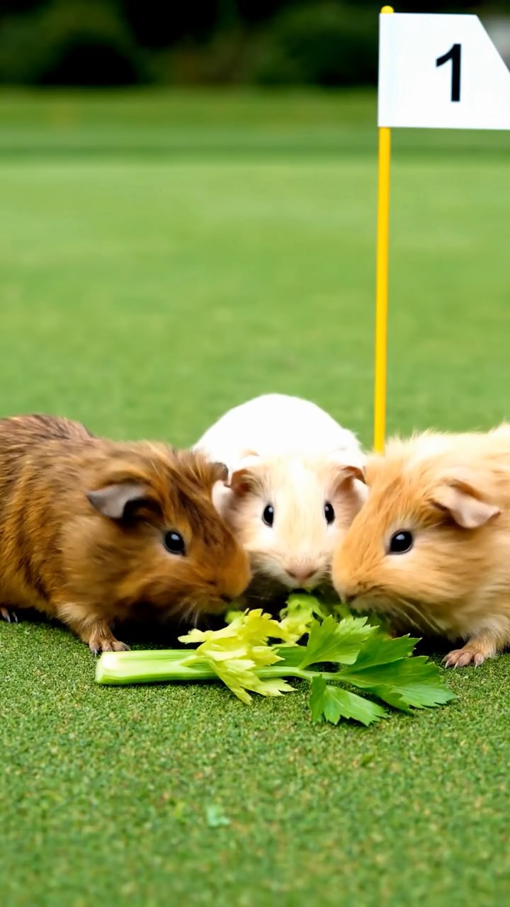 1645. Photorealistic photo of 3 smooth-haired Teddy guinea pigs with brown, cream, and fawn fur, nibbling on celery leaves, on a championship putting green with flags.