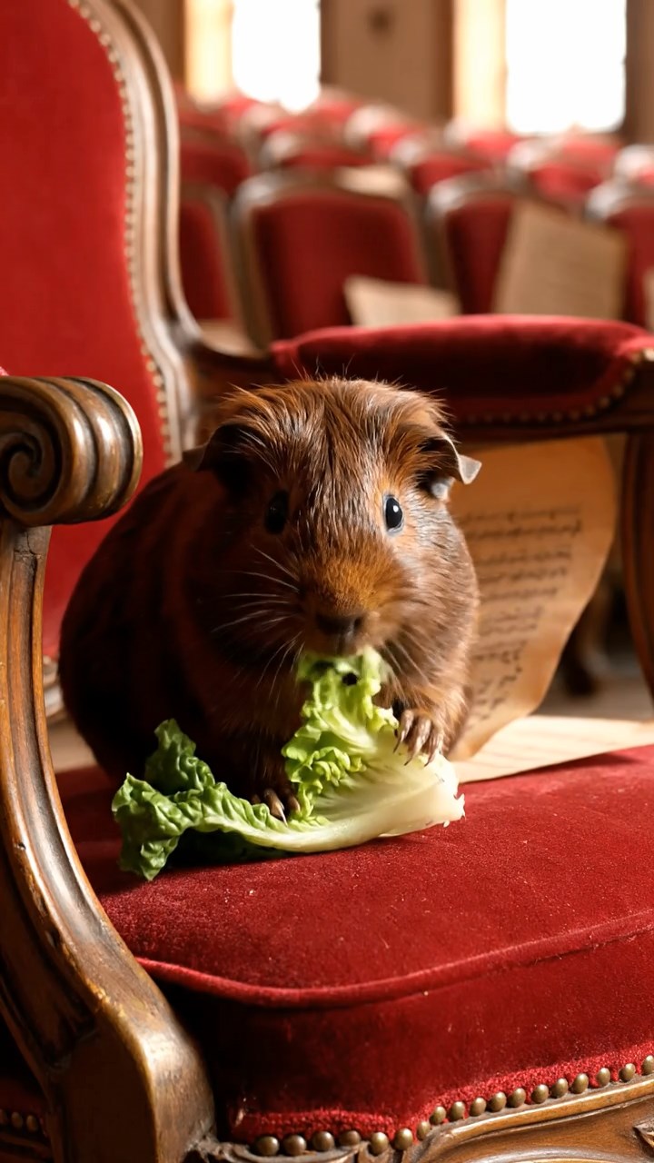 1646. Realistic depiction of 1 smooth-haired Texel guinea pig with chocolate fur, chewing on romaine hearts, among auditorium chairs with sheet music.